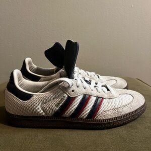 Adidas Samba White knit mesh and leather with navy and red stripes
